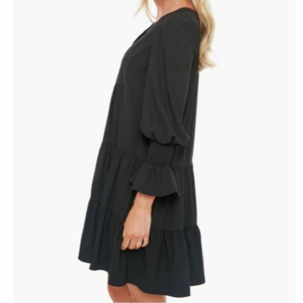 🚨NEW POMANDER PLACE Tuckernuck Black Crepe Kenzo Tiered Mini Dress Sz Small - Picture 9 of 16